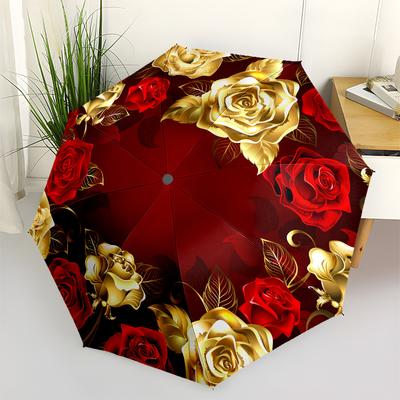 Golden Rose Luxury Floral Pattern Circle DesignUmbrellaPortable 3-Fold Compact Umbrella for Men & Women Gift