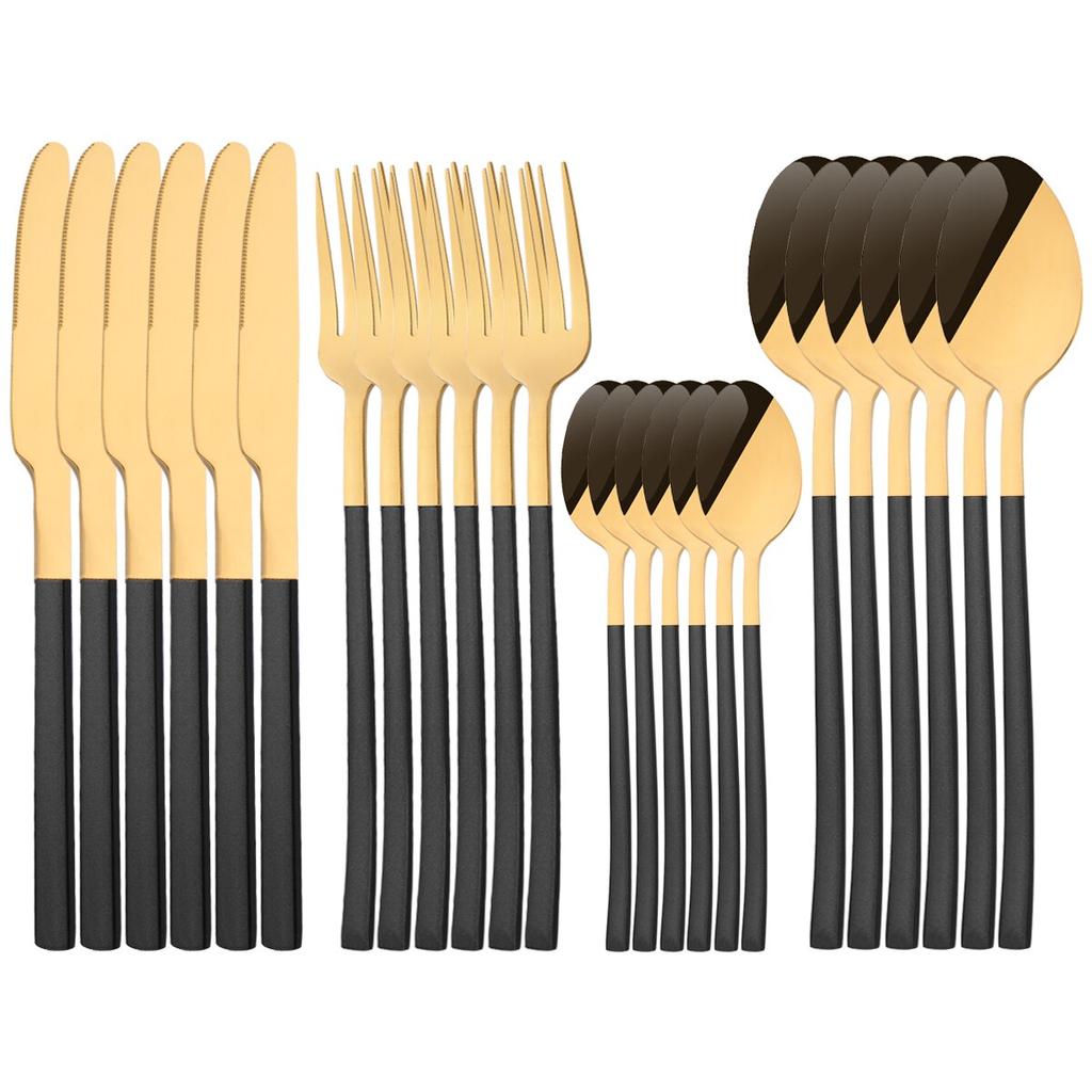 24Pcs Silver Cutlery Set Stainless Steel Dinnerware Set Knife Fork Spoon Dinner Set Kitchen Tableware Service for 6 Flatware Set