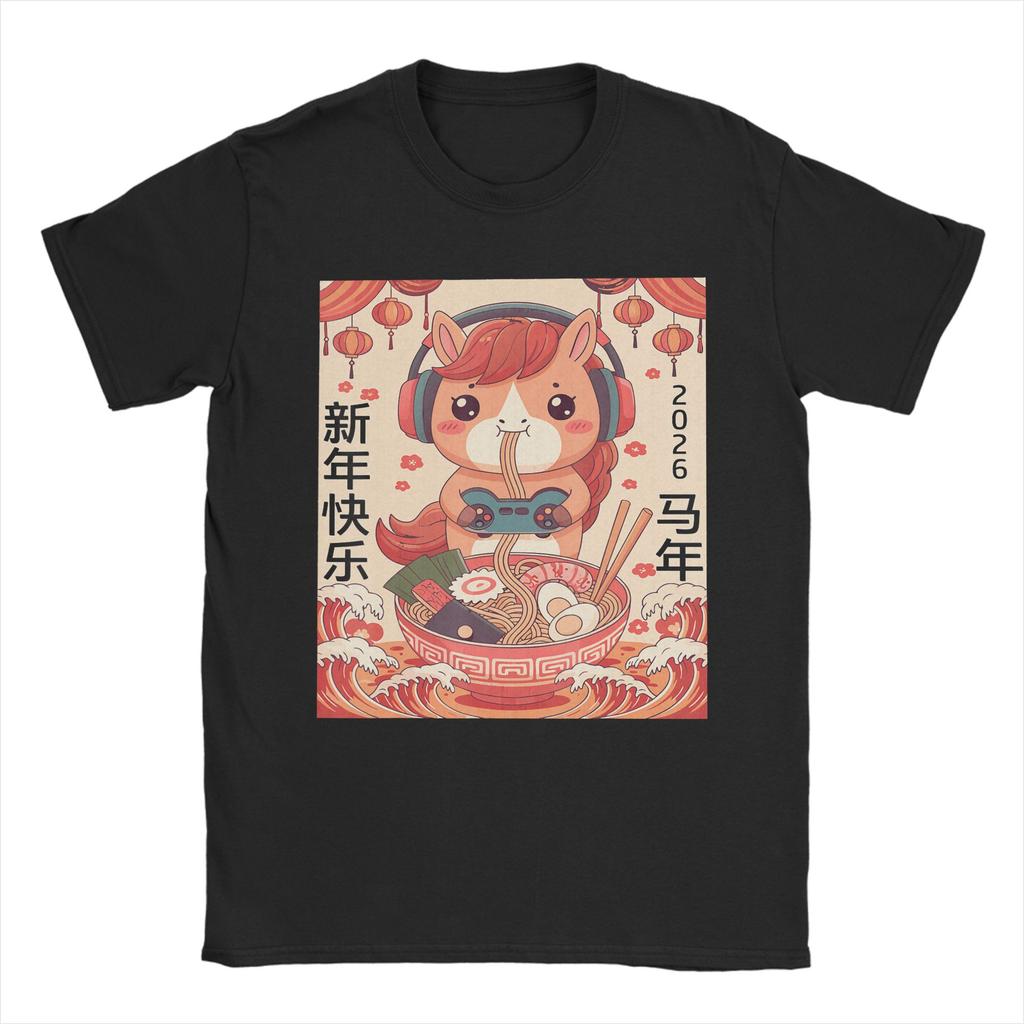 Men Year of The Horse 2026 Chinese New Year Gamer Horse Ramen T Shirts Cotton Clothing Awesome Short Sleeve Round Collar Tees