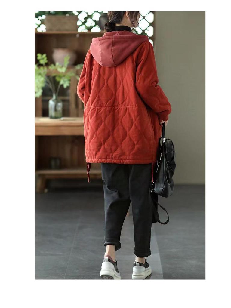 Women's Retro Padded Cotton Jacket: Autumn/Winter Hooded, Round Neck, Long Sleeve, Loose Fit, Plus Size Casual Top.