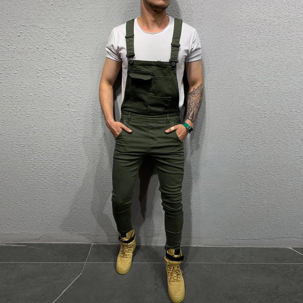 Erkek Moda Denim Askıları Yıkanmış Genel Tulum Sokak Şıklığı Cep Jartiyer Pantolon
