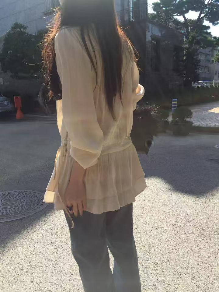 Korean Style Elegant Waist-Cinching Drawstring Loose Slimming Solid Color Spring Dress