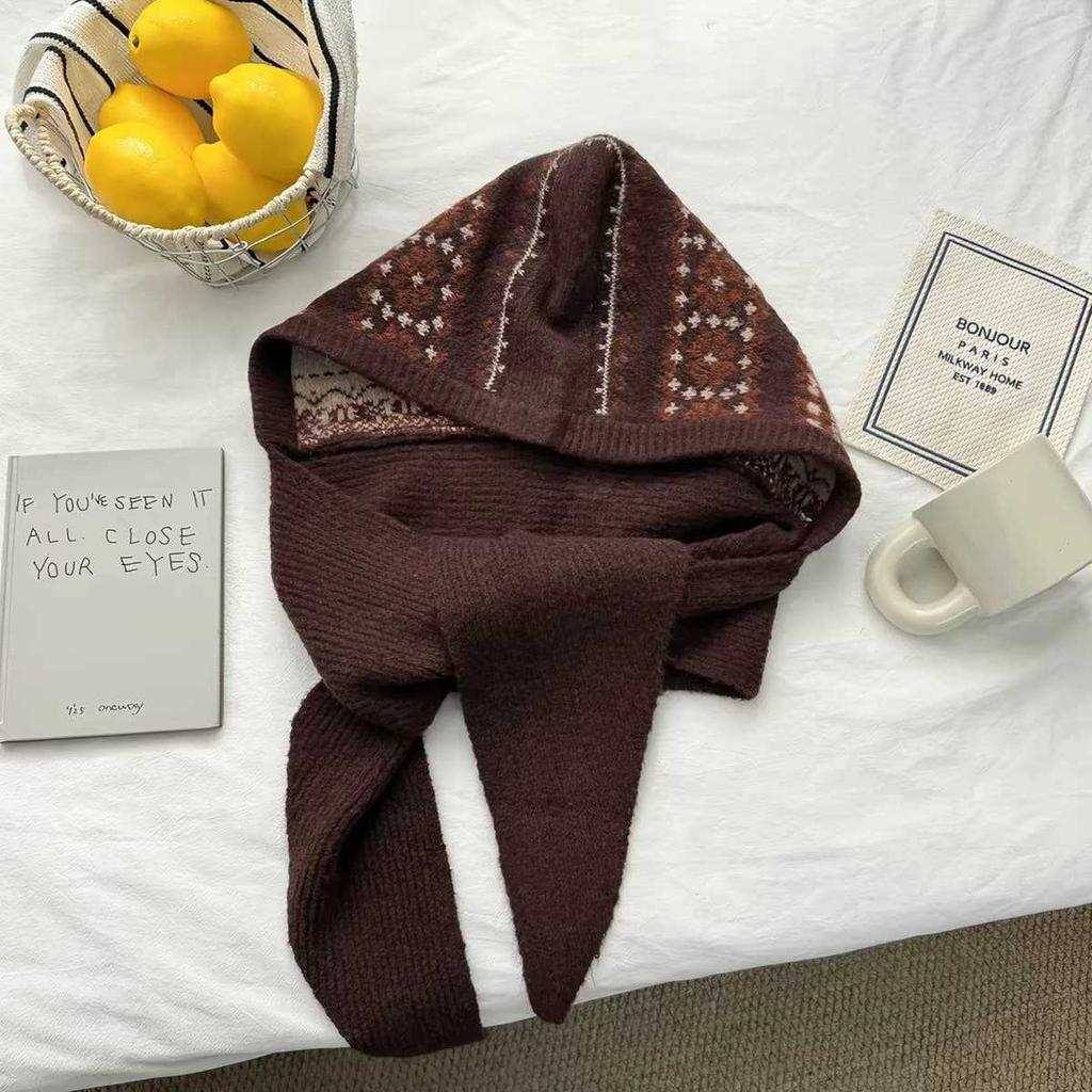 Vintage Fair Island Jacquard Knitted Hooded Scarf Women's Autumn and Winter Ribbon Baotou Ear Cap Integrated Thermal Cap