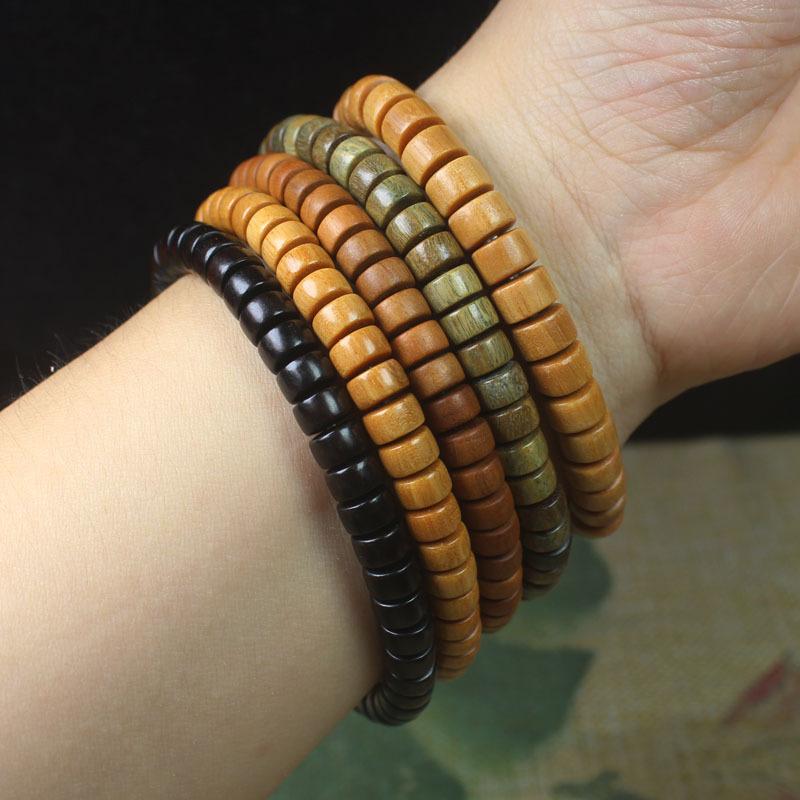 Natural Wood Flat Bead Bracelet, Hand Polished Ethnic Wristband, Unisex Spiritual Jewelry