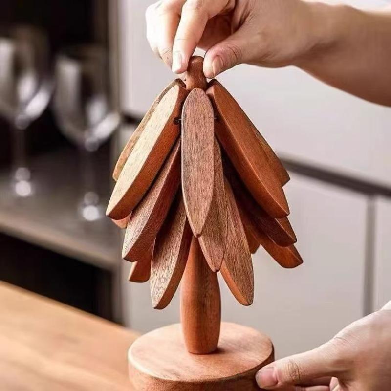 4PCS Wooden Trivets for Hot Dishes Folding Tree Shape Design Anti Scald Heat Resistant Table Mat Set Coaster Wood Placemats Pot