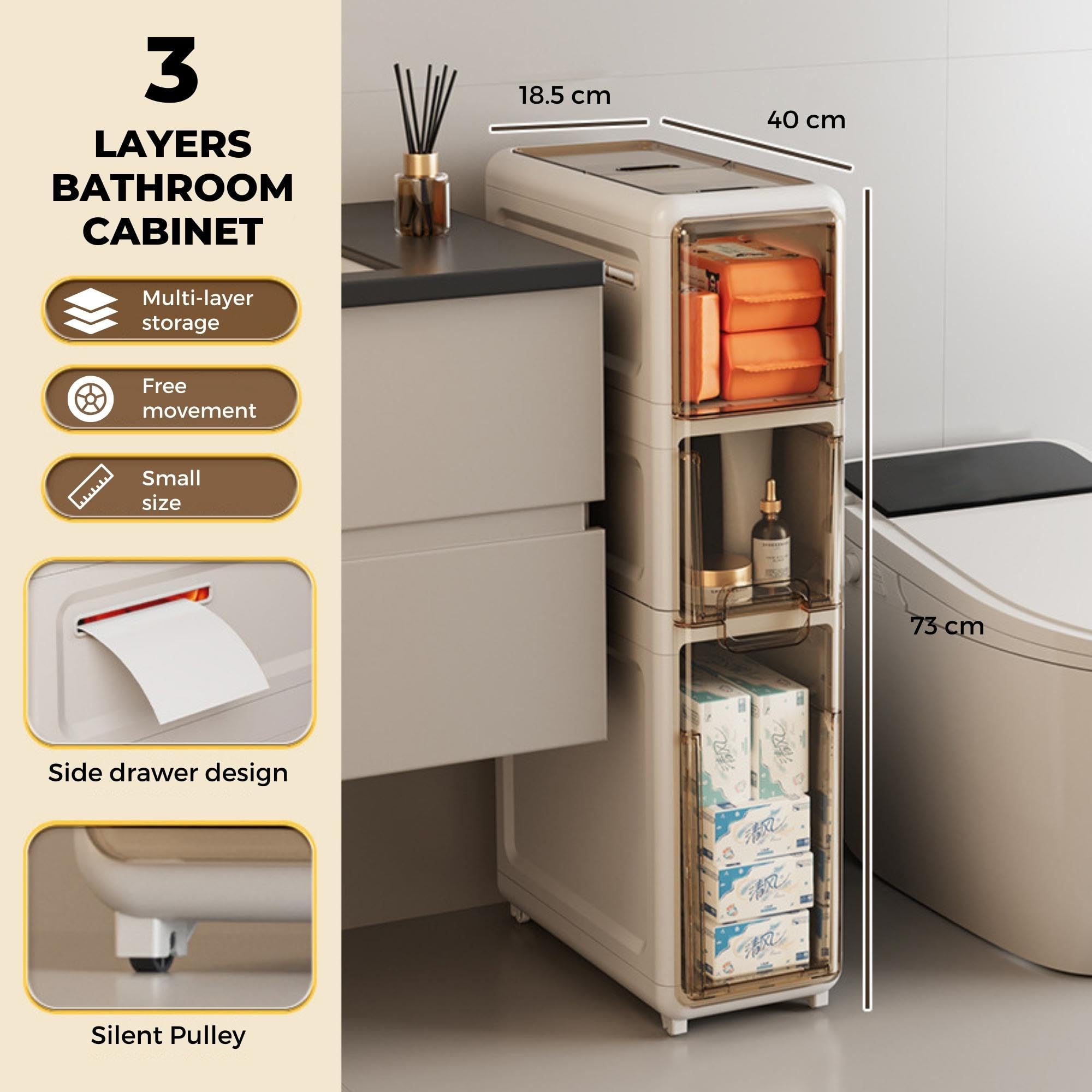 

Шкаф для хранения, узкий органайзер для ванной комнаты. Вспомогательные хранилища на роликах для узких помещений. Компактный шкаф с 4 ящиками для туалетной бумаги 3 layers белый