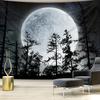 Giant Moon Tapestry Wall Hanging Forest Silhouette Starry Night Sky Wall Art Decor For Living Room Bedroom Background Fabric