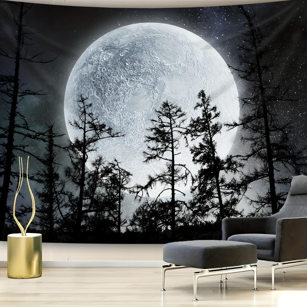 Giant Moon Tapestry Wall Hanging Forest Silhouette Starry Night Sky Wall Art Decor For Living Room Bedroom Background Fabric