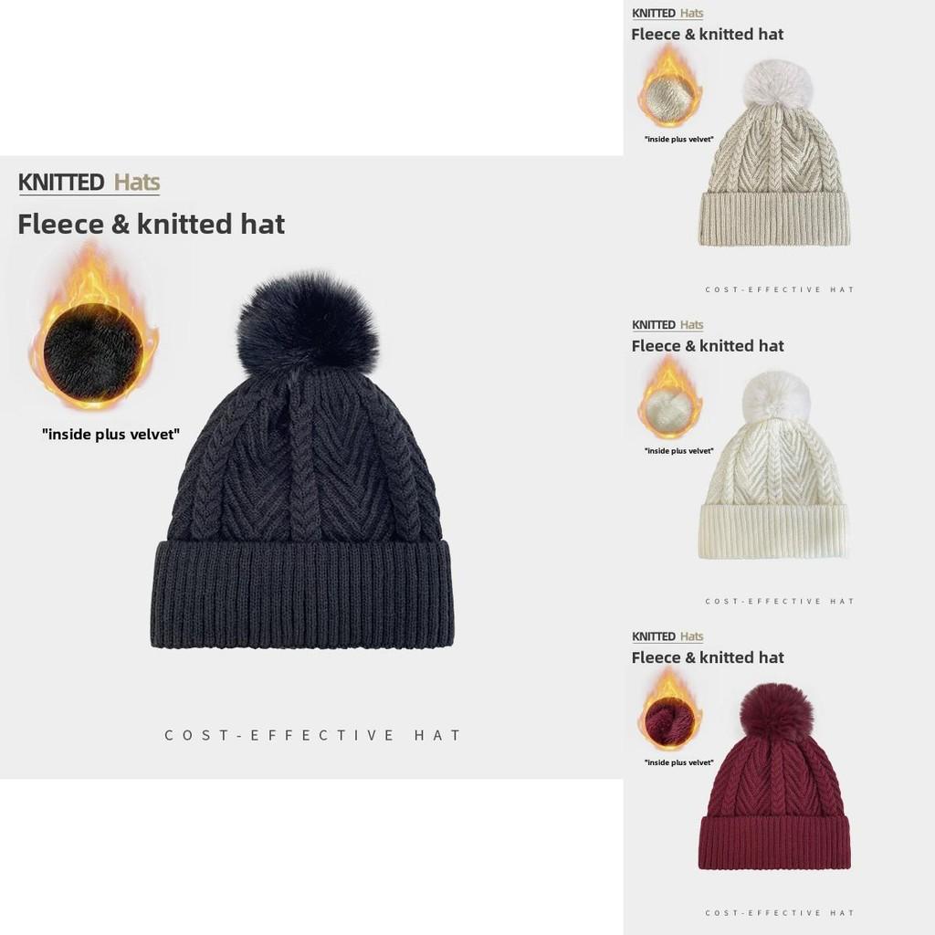 Knitted Winter Hat For Women With Solid Color Design And Plush Ball Decoration