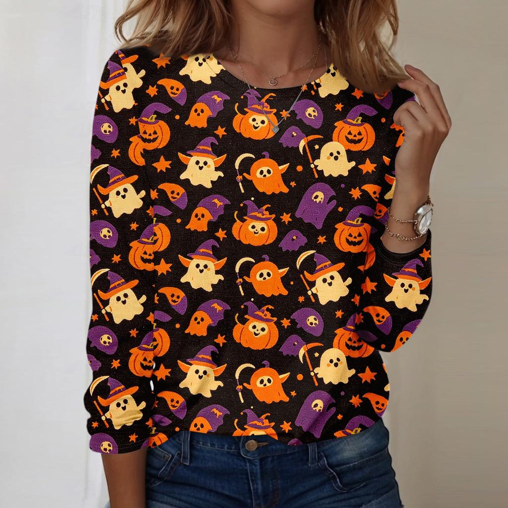 Women's Long Sleeve Casual Pullover Sweatshirt Halloween Printed Crewneck Top Lightweight Comfortable Fit for Everyday Wear