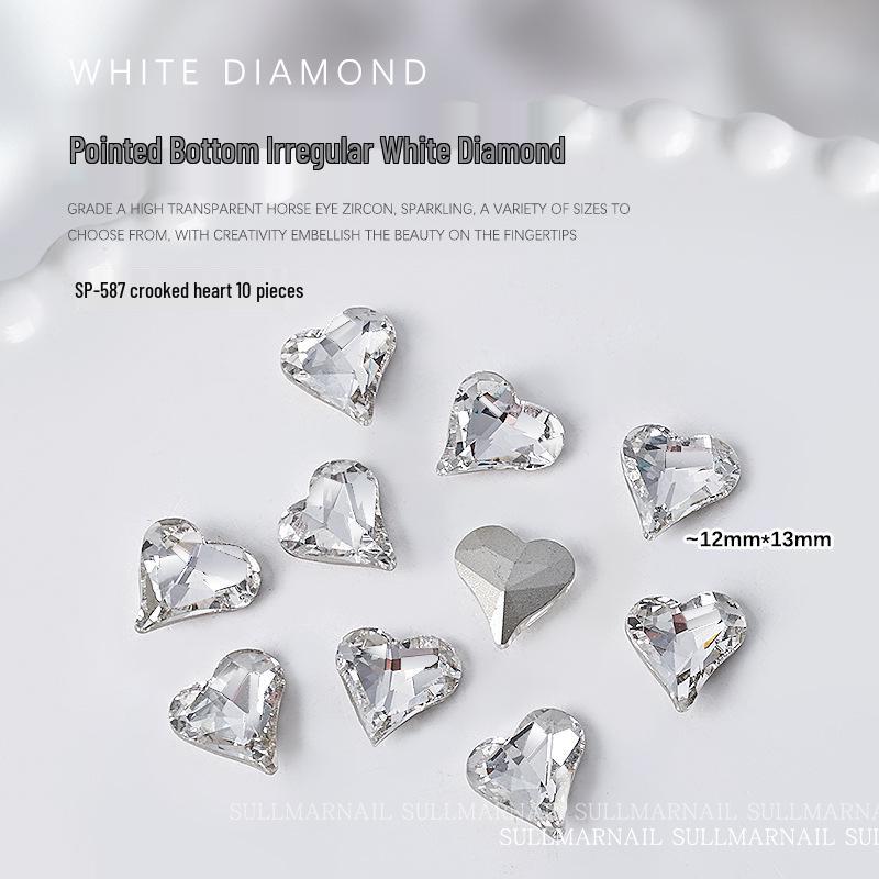 10-Piece Nail Art Set: Pointed Bottom Heart, Crooked Heart, White Diamond, Peach Heart, Square Transparent Rhinestones for Nail Decoration