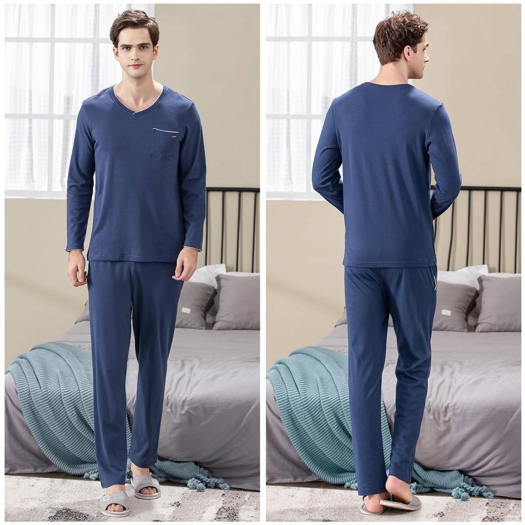 Up2Fantasy Long Solid Loose with Perfect for and Day Gift Men's Pajamas, Loungewear, Sleepwear, Sleeve, 100% Cotton, Color, Fit, V-Neck, Pockets,