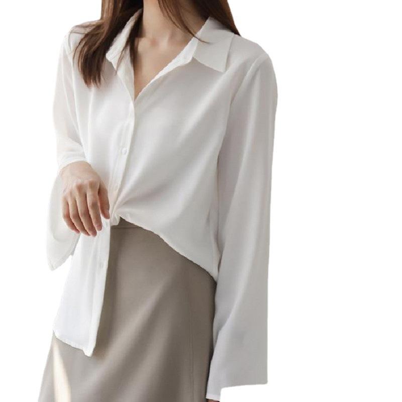 Slim Temperament Dojíždějící Bílý Svetřík Krátký s Dlouhým Rukávem Jednobarevný Jednořadý V pase Nabírané Rukávy Košile Temperamentní Elegantní Módní Top