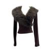 Millennial Hot Girl Fur Patchwork V-Neck Long Sleeve Slimming Top 23326