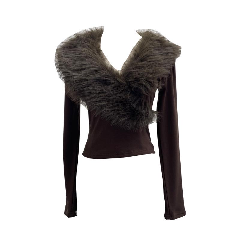 Millennial Hot Girl Fur Patchwork V-Neck Long Sleeve Slimming Top 23326