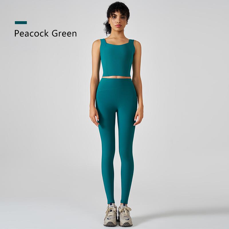 States Women's Yoga Suit Pants Ribbed Square Neck Sleeveless Undershirt Sports Fitness Clothing