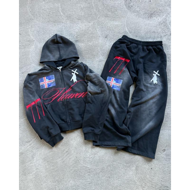 High Street Hip Hop Letter Graphic Print Zipper Cardigan Hoodies Men Y2K Popular White Trousers Sports 2-Piece Sets