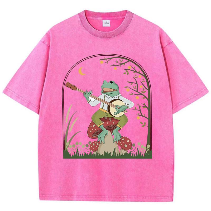 Frog Playing Banjo On Mushroom Printed Washed T-Shirt Women Casual Cotton T Shirt Y2K Tops Summer Oversize Streetwear