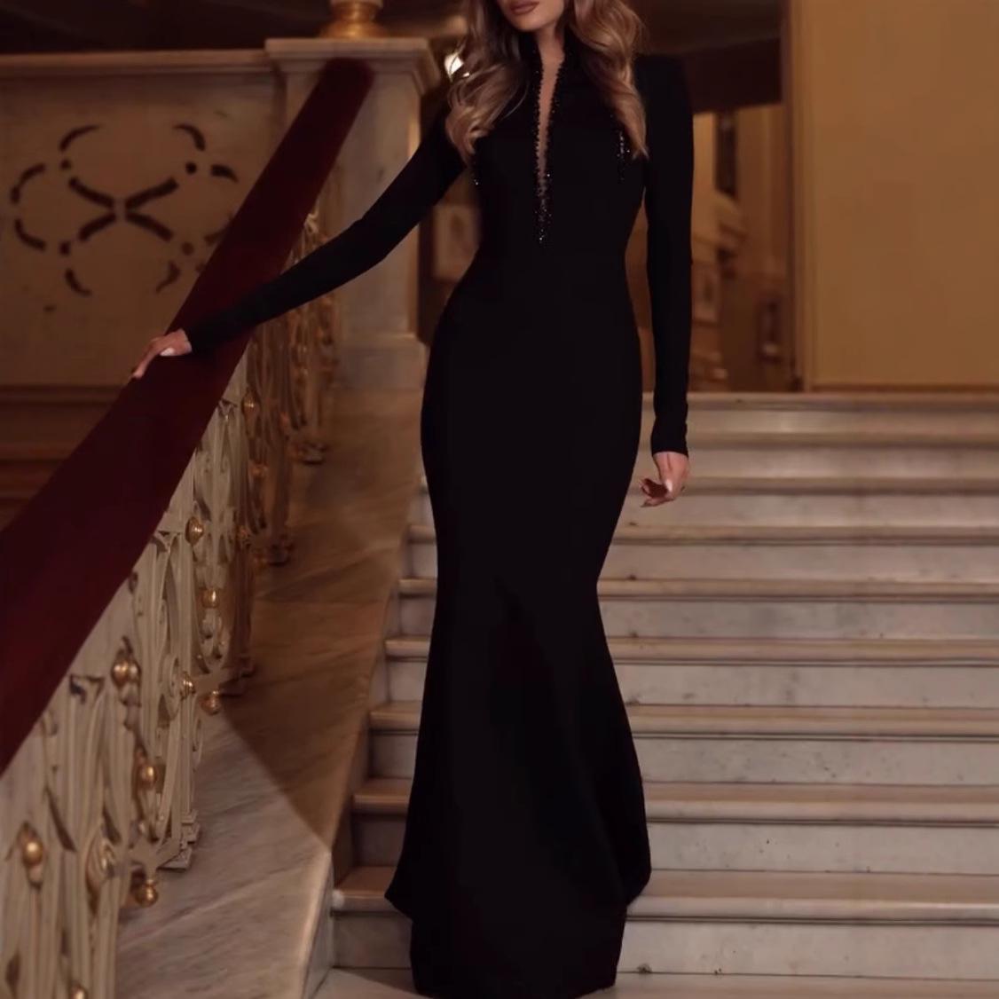 

Retro V-neck Backless Diamond Slimming Bandage Evening Dress for Women XXL чорний