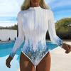 Women Long Sleeve One Piece Swimsuit Zip Front Tie-dye Print Rash Guard Surfing Bathing Suit
