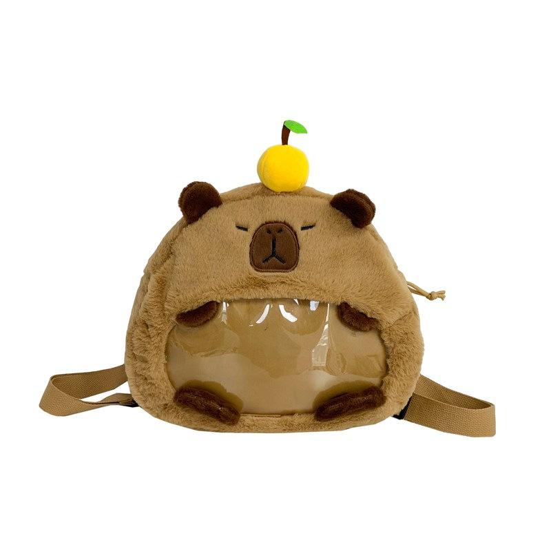 Cute Cartoon Capybara With Transparent Layer Can Hold Badge Plush Backpack