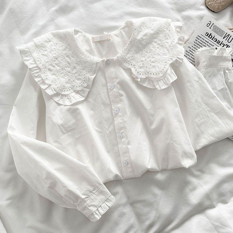 White Shirt Ruffled Loose Long-sleeved Top Autumn New Solid Color Doll Collar Shirt Women French Sweet
