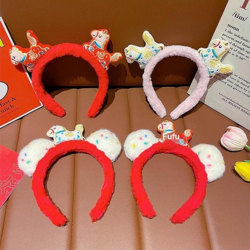 Cute Cartoon Plush Pony Headband Red Lucky Headwear Year Of Horse Mascot Hair Band   Year Hair Accessories Gifts