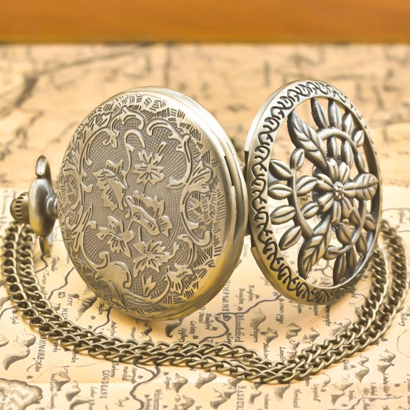 Retro Bronze Steampunk Openwork Floral Flip-Top Male And Female Student Gift Quartz Necklace Commemorative Pocket Watch