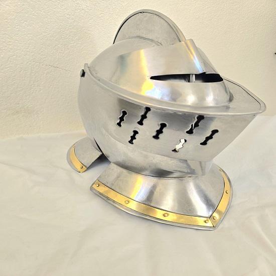 Medieval Knight Helmet with Visor Steel Armor Replica with Brass Trim