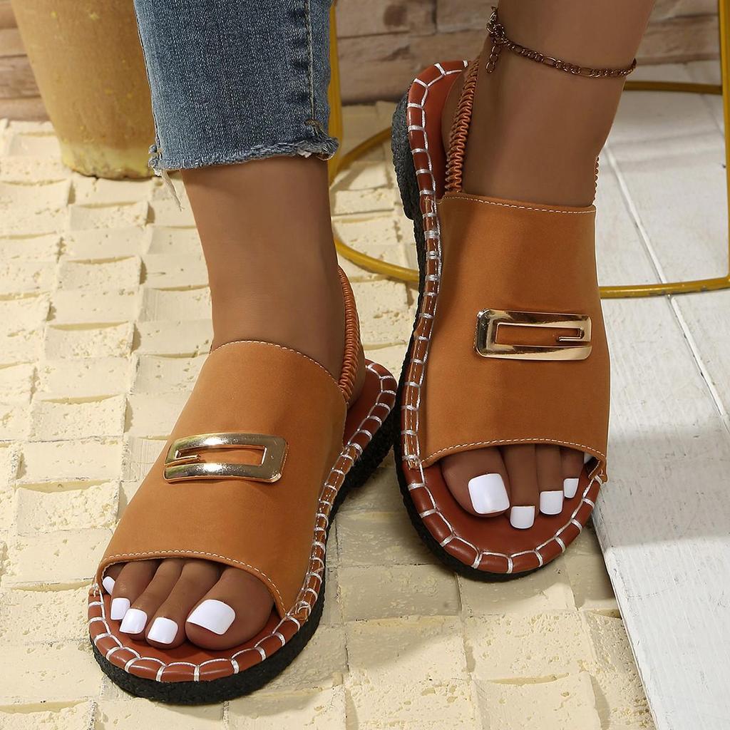 Women's European & American Flat Sandals with Elastic Fabric Band and Metal Accents, Plus Size, Beach-Ready.