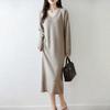 Women's V-Neck Pure Wool Knit Sweater Dress - Mid-Length, Loose Fit for Autumn & Winter