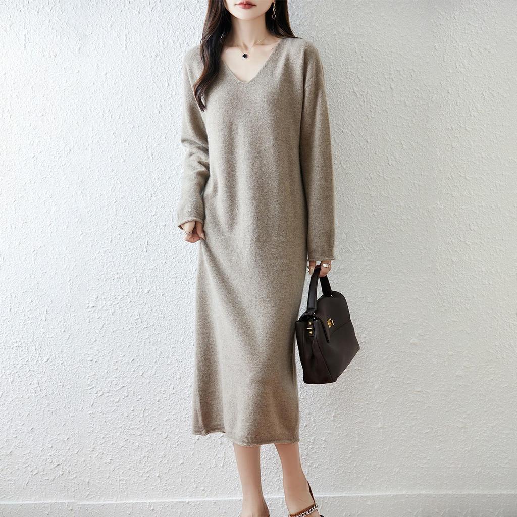 Women's V-Neck Pure Wool Knit Sweater Dress - Mid-Length, Loose Fit for Autumn & Winter