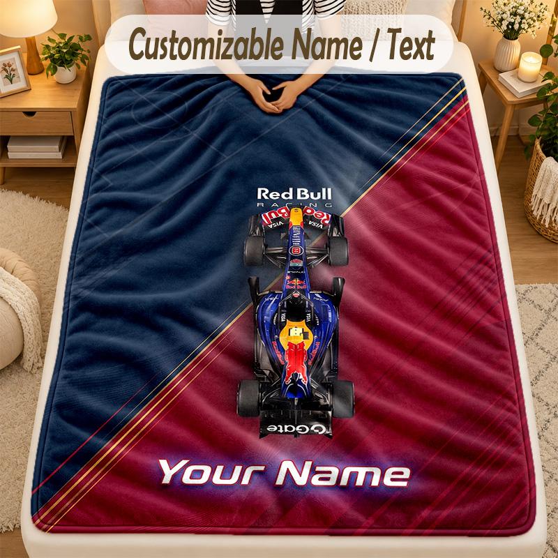 Flannel BlanketRed Bull Racing Custom Name Text Personalized Soft Warm Throw Blanket Home Decor Gift