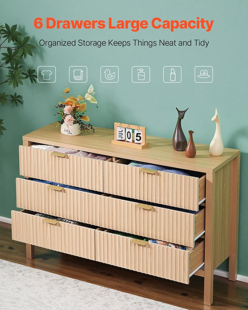 VEVOR 6 Fluted Drawer Dresser, Wooden Chest of Drawers with Sliding & Anti-tip Device, Modern Minimalist Dresser Chest