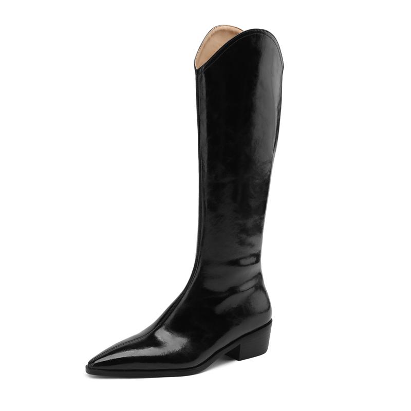 Fashion Women's new autumn and winter pointed leather cowhide heel, extra large and knee high, side zippered western boots