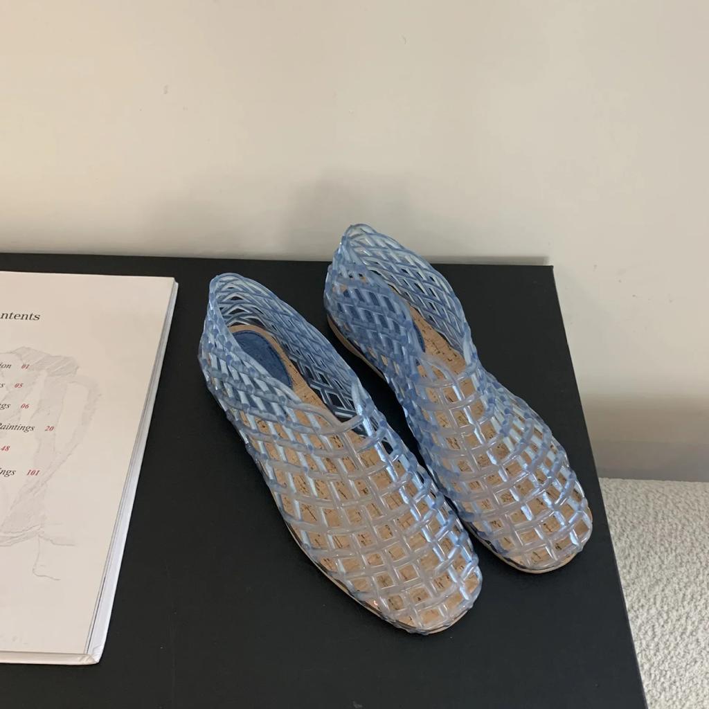 Fashion 2024 Summer New Jellies Shoes Women Hollow Beach Shoes Designer Sandal Round Toe Comfy Transparent Mesh Flat Jelly Sandals Women