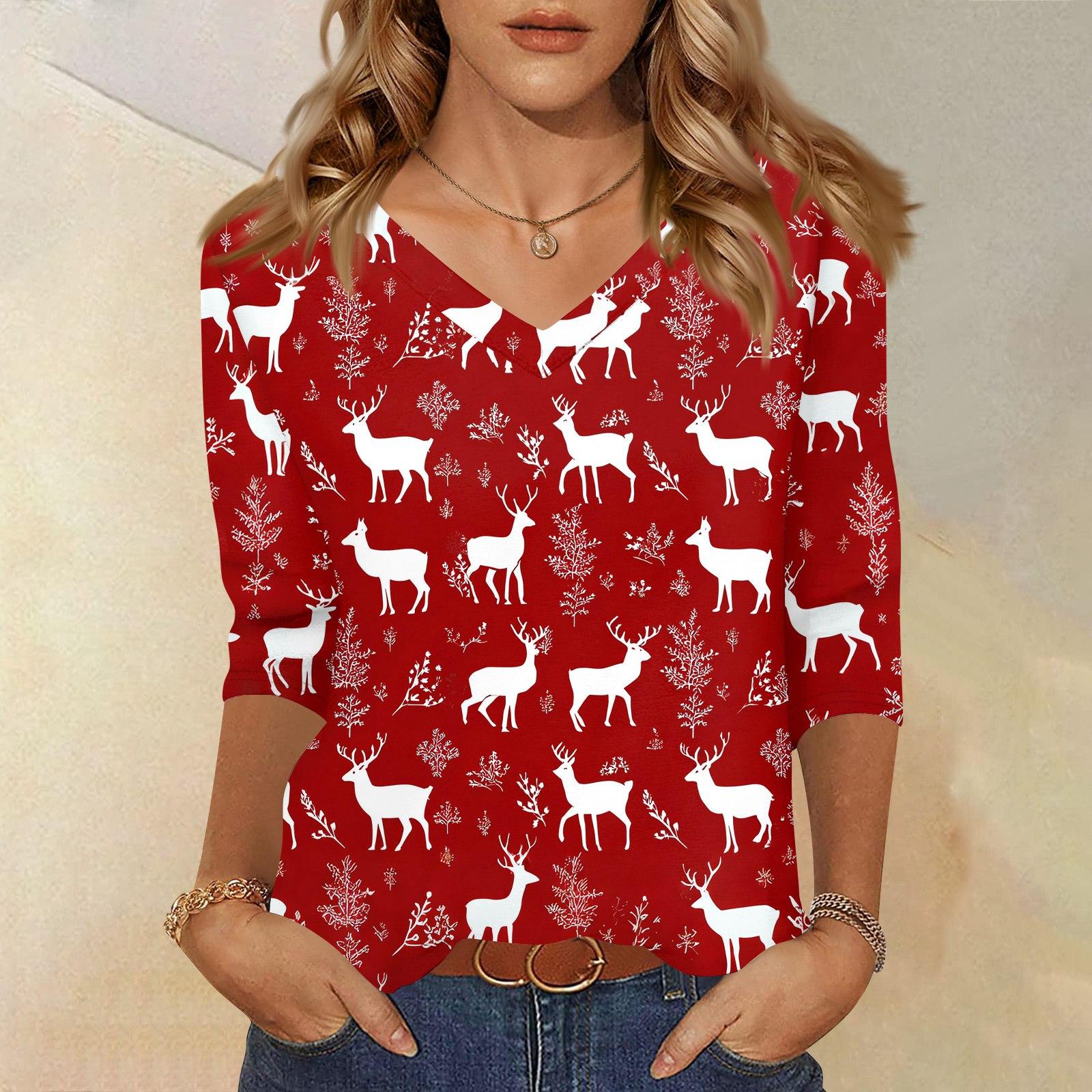 

Женская футболка с рождественским принтом, рукав 3/4, повседневная, для выходных, модная, базовая, с V-образным вырезом, обычный топ XL арбуз красный