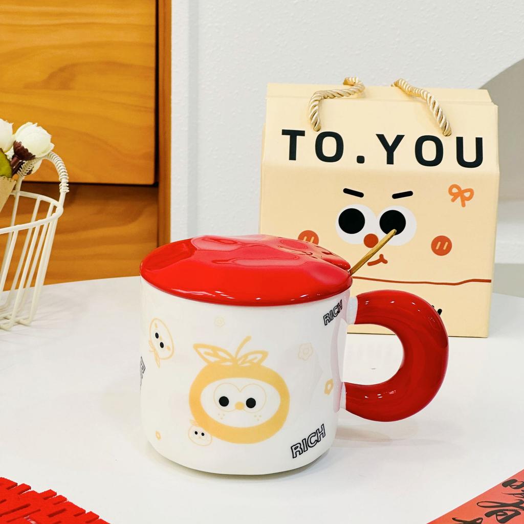 Small Orange with Lid Spoon Red Ceramic Cup Cartoon Cute High Value Mug Household Water Cup Set