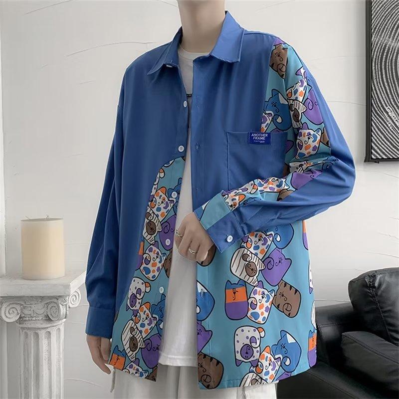 Spring and Autumn Cartoon Stitching Long-Sleeved Shirt Men's BF Loose Korean Style Couple Harajuku Style National Fashion Cardigan Jacket