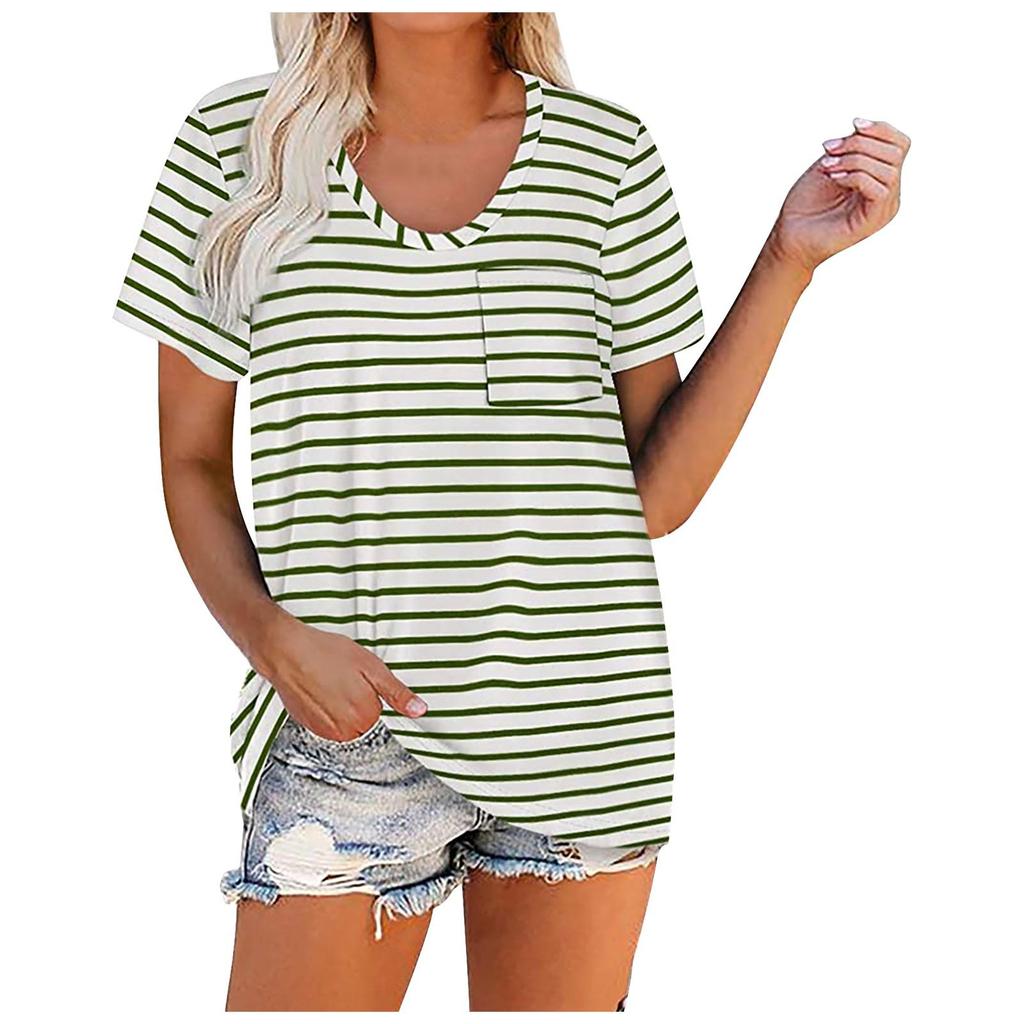 Womens Summer Fasion Short Sleeve V-Neck Color Striped Print Casual Tops