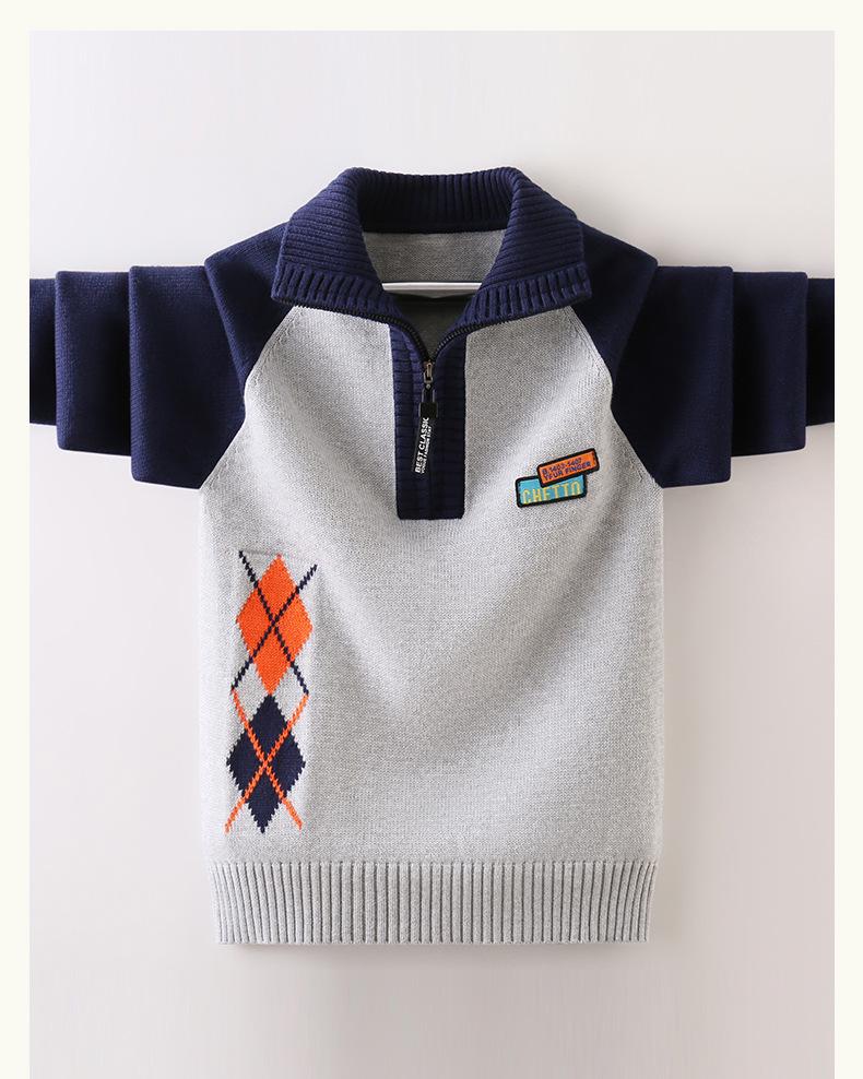 Boys' Cotton Half-Zip Fleece-Lined Knitted Pullover Sweater