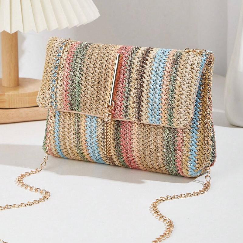 Multi Colored Striped Straw Clutch Handbag for Women Casual PU Leather Weave Summer Beach Purse Crossbody Shoulder Messenger Bag