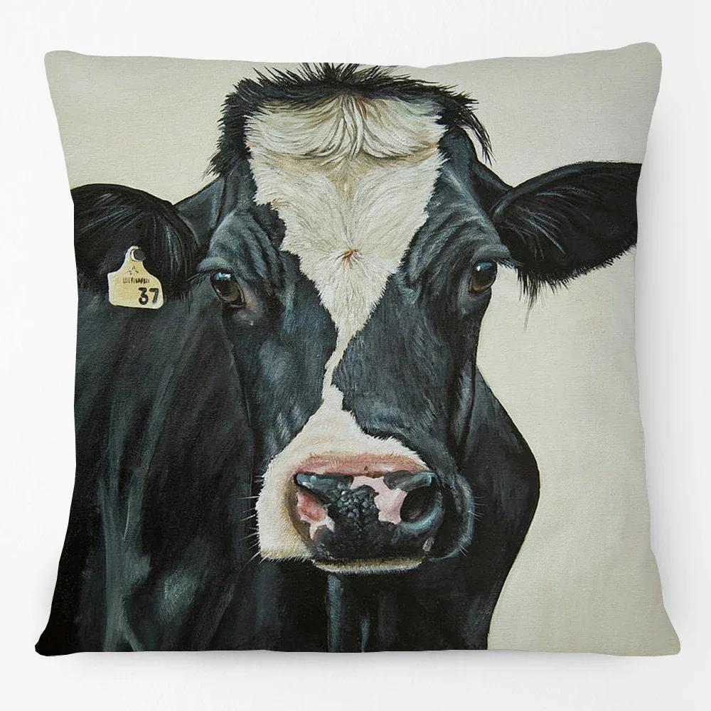 Oil Painting Farm Animals Poster Cushion Cover Cow Sheep Goat Rustic Style Home Decorative Square Pillow Case