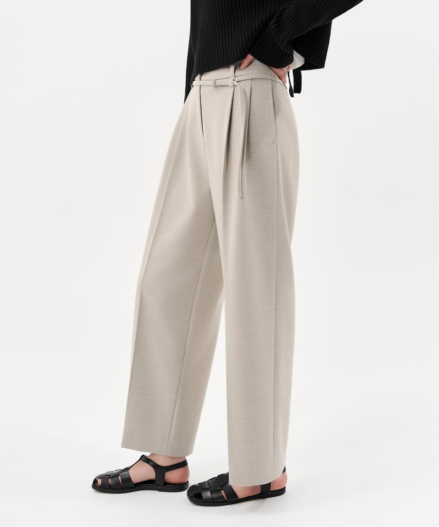 Laneonkyulleoseu Belt Detail Pintuck Wide Pants_Melange Beige