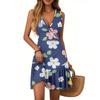 Women's Summer Dress V Neck Sleeveless Casual Floral Print Hem Pleated Dress