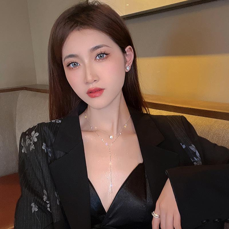 Luxurious Y-Tassel Diamond Necklace: Double-Layer Titanium Steel Choker with Sparkling Details for Women