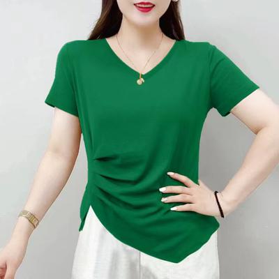 Sommer Neu Elegant Mode V-Ausschnitt Kurzarm T-Shirt Damen Einfarbig Asymmetrisches Patchwork Slim Vielseitig Falten Reines Baumwoll-Top