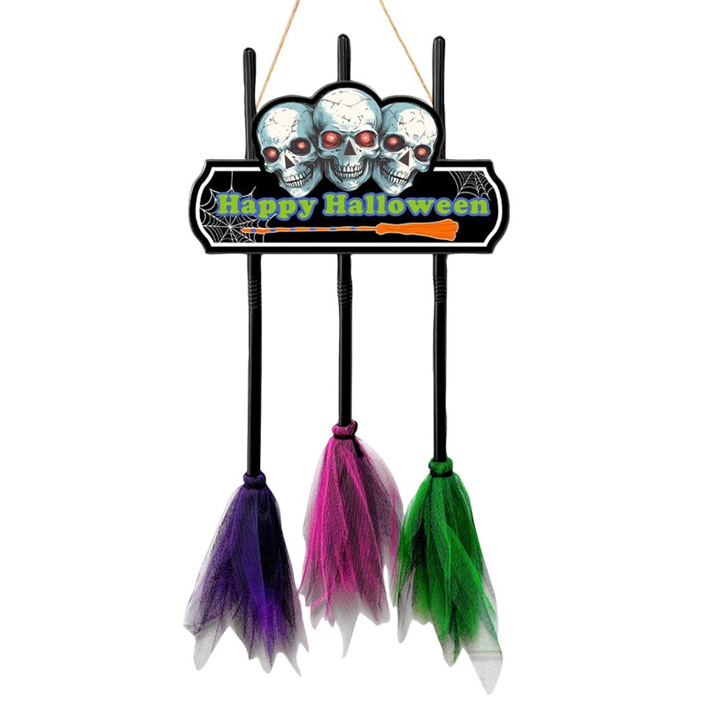 Wooden Halloween Door Hanger Decoration Set with 3 Brooms (Thickness 5)