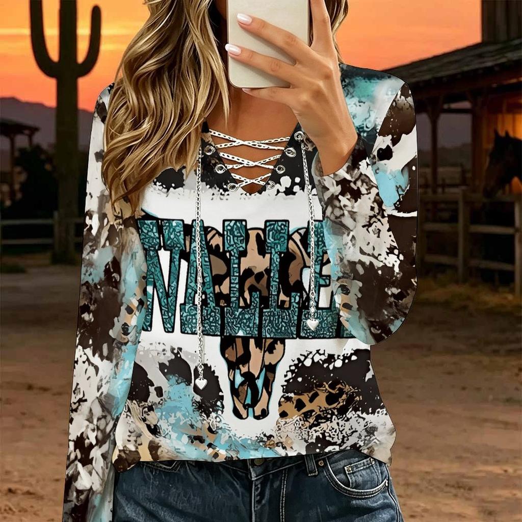 Women Plus Size Floral Print Lace Up V Neck Long Sleeve Daily Casual Top
