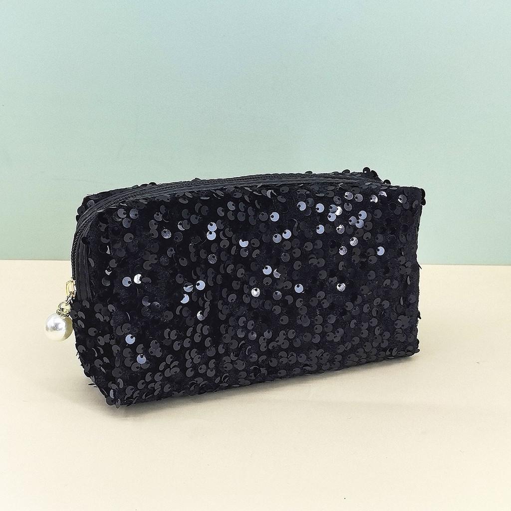 Velvet Sequin Makeup Bag With Large Capacity For Travel And Daily Use